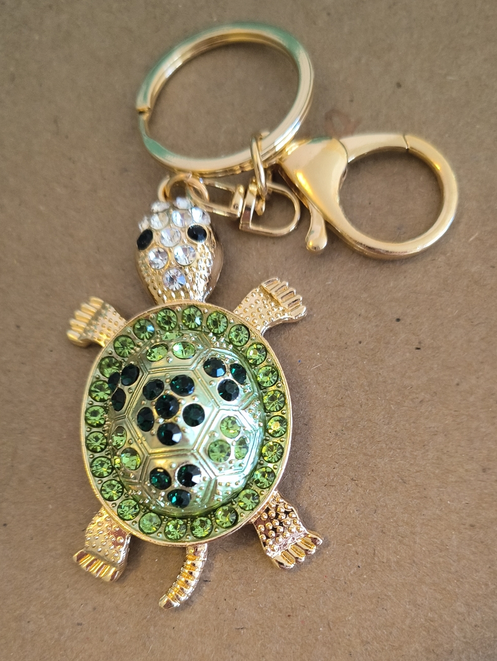 Source Unknown Gold Turtle Keychain with Green Crystals